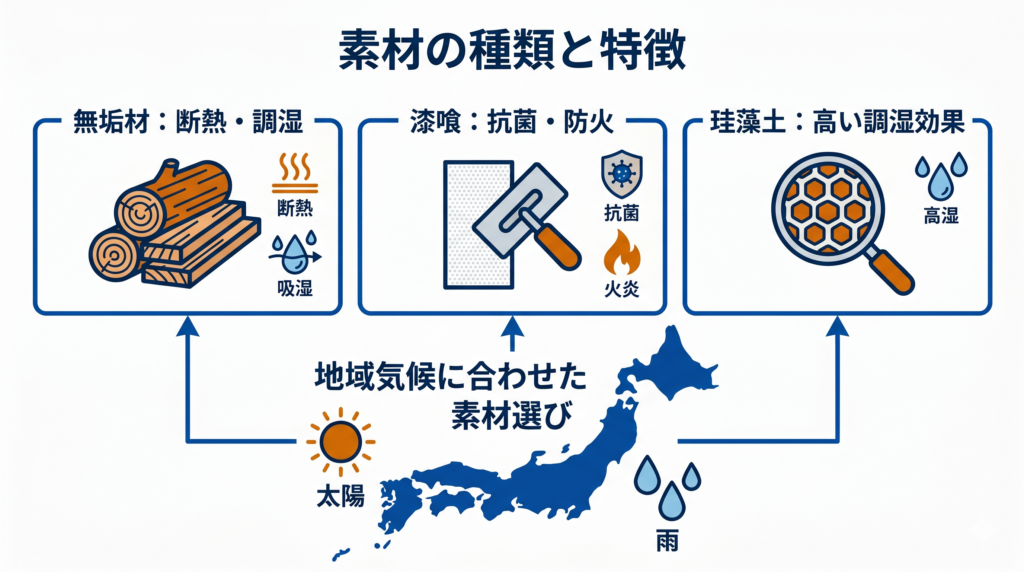 無垢材、漆喰、珪藻土の特徴と、地域の気候に合わせた素材選びを示す図