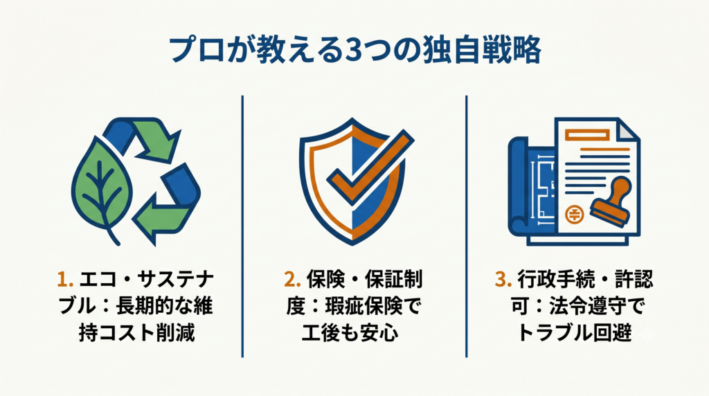 外構リフォームにおけるプロならではの3つの視点(エコ・サステナブル、保険・保証制度、行政手続・許認可による法令遵守)を解説した図解。