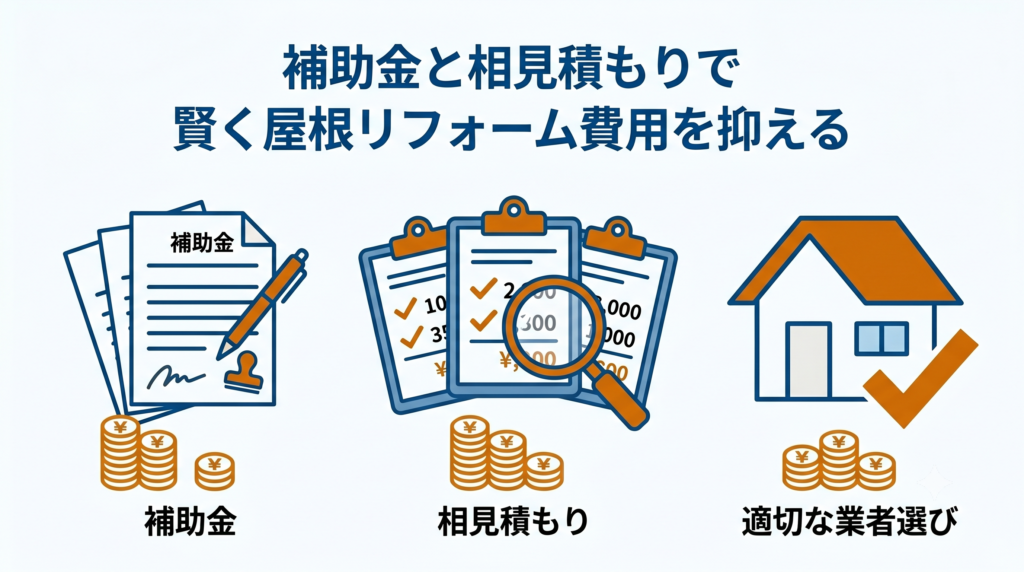 補助金と相見積もりを活用して屋根リフォーム費用を賢く抑える方法を示す図解。書類や複数見積もりのアイコンで構成。
