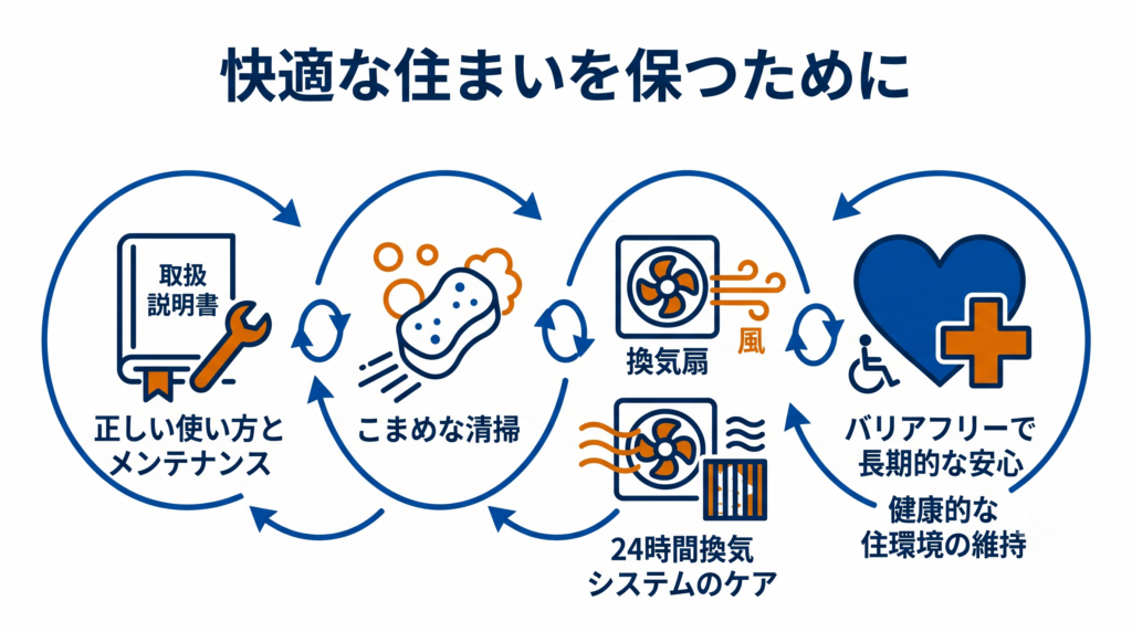 適切なメンテナンスや清掃が健康的な住環境の維持につながることを示す好循環サイクル図