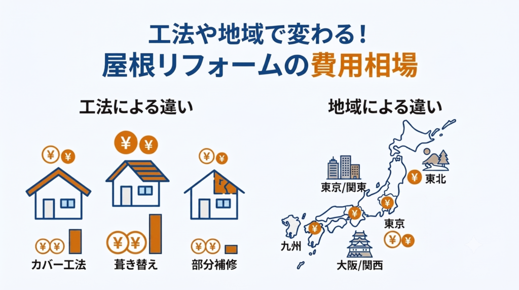 工法や地域で変わる屋根リフォームの費用相場を示す図解。家のアイコン、日本地図、棒グラフを用いて直感的に比較。