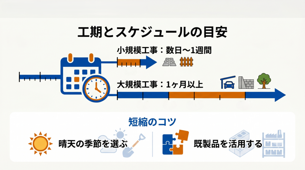 規模別の工期スケジュール目安(小規模は数日〜1週間、大規模は1ヶ月以上)と、工期短縮のコツ(晴天時の施工、既製品活用)をまとめた図解。