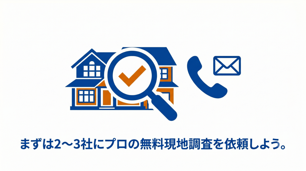 次のステップを促す図解。家を虫眼鏡で調べる現地調査と連絡先のアイコン、「まずは2〜3社にプロの無料現地調査を依頼しよう。」というテキスト。