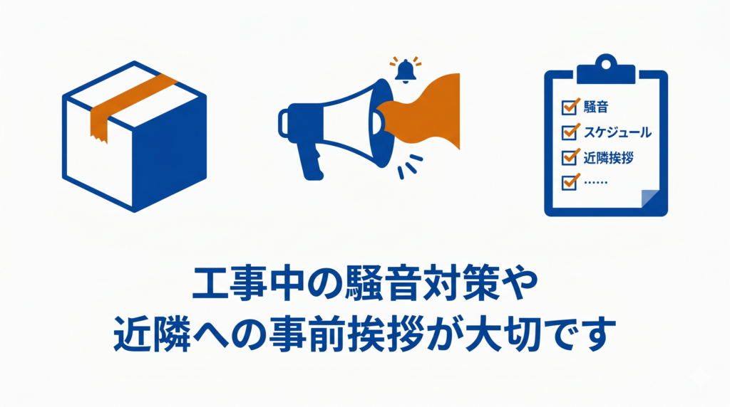 「工事中の騒音対策や近隣への事前挨拶が大切です」と書かれた、リフォーム工事中の近隣トラブル対策を示す図解