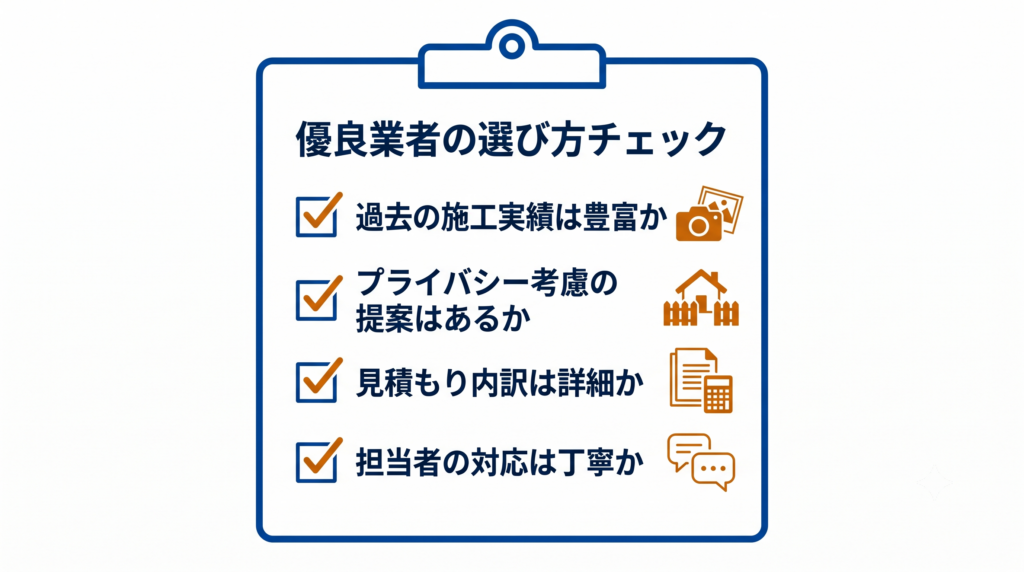 優良な外構業者を選ぶための4つのチェックポイント(過去の実績、プライバシー提案、見積もり内訳の詳細、担当者の丁寧な対応)をまとめたバインダー型の図解。