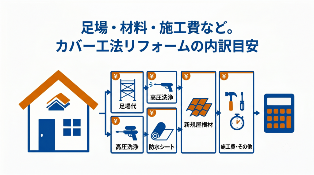 カバー工法リフォームにおける足場代、高圧洗浄、防水シート、新規屋根材などの具体的な工程・費用内訳を示す図解。