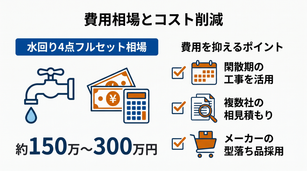 水回りリフォームの費用相場と、閑散期活用や相見積もりなどの費用を抑える3つのポイントを示す図解