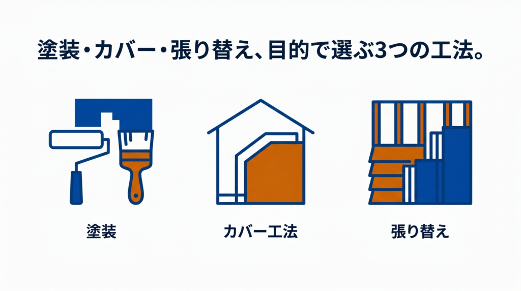 外壁リフォームの3つの工法を示す図解。塗装、カバー工法、張り替えのイラストと「塗装・カバー・張り替え、目的で選ぶ3つの工法。」というテキスト。