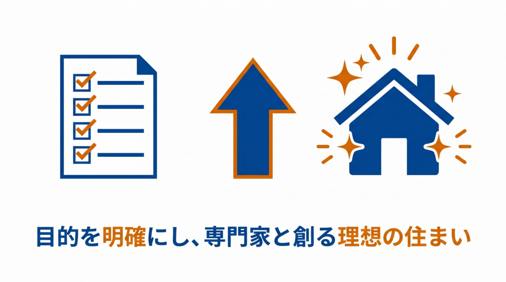 「目的を明確にし、専門家と創る理想の住まい」と書かれた、間取り変更リフォーム成功に向けたまとめの図解
