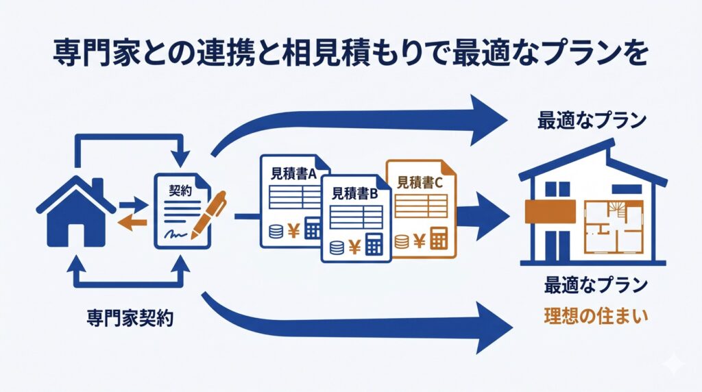 「専門家との連携と相見積もりで最適なプランを」と書かれた、複数業者への相見積もりの重要性を示す図解