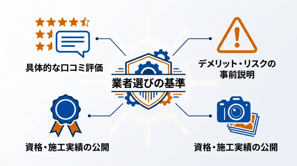 信頼できるリフォーム会社選びの基準を示す構造図。口コミ評価、資格・施工実績、デメリット・リスクの事前説明