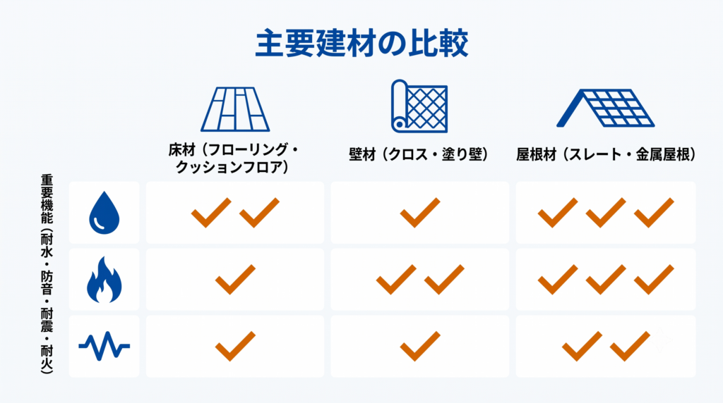 床材、壁材、屋根材の各主要建材について、耐水・防音・耐震・耐火の重要機能を比較したマトリックス表