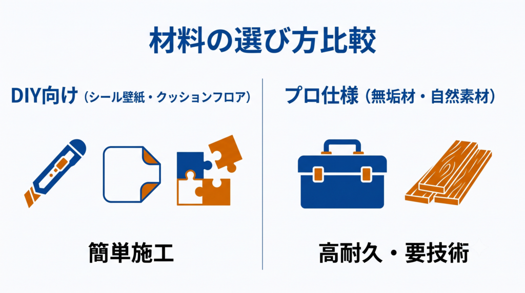 簡単施工が可能なDIY向け材料と、高耐久・要技術なプロ仕様(無垢材など)の違いを比較した図解