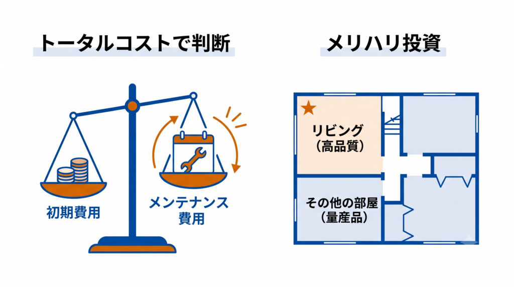 初期費用とメンテナンス費用の天秤比較、およびリビングなど部屋ごとにメリハリをつける投資法を示したコスト図解
