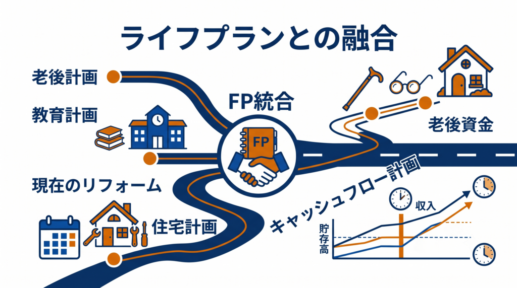 ライフプランとの融合。現在のリフォーム、将来の教育費、老後資金を含めた長期的なキャッシュフロー計画を示すロードマップ図。