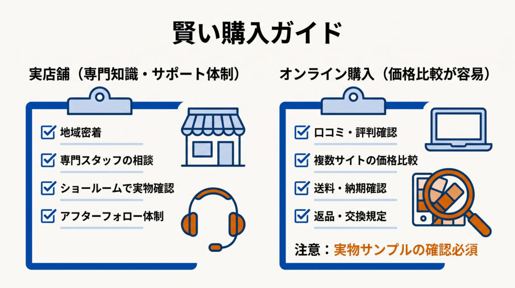 実店舗でのサポートと、オンライン購入時の注意点(実物サンプルの確認必須)を比較した賢い購入ガイドのチェックリスト