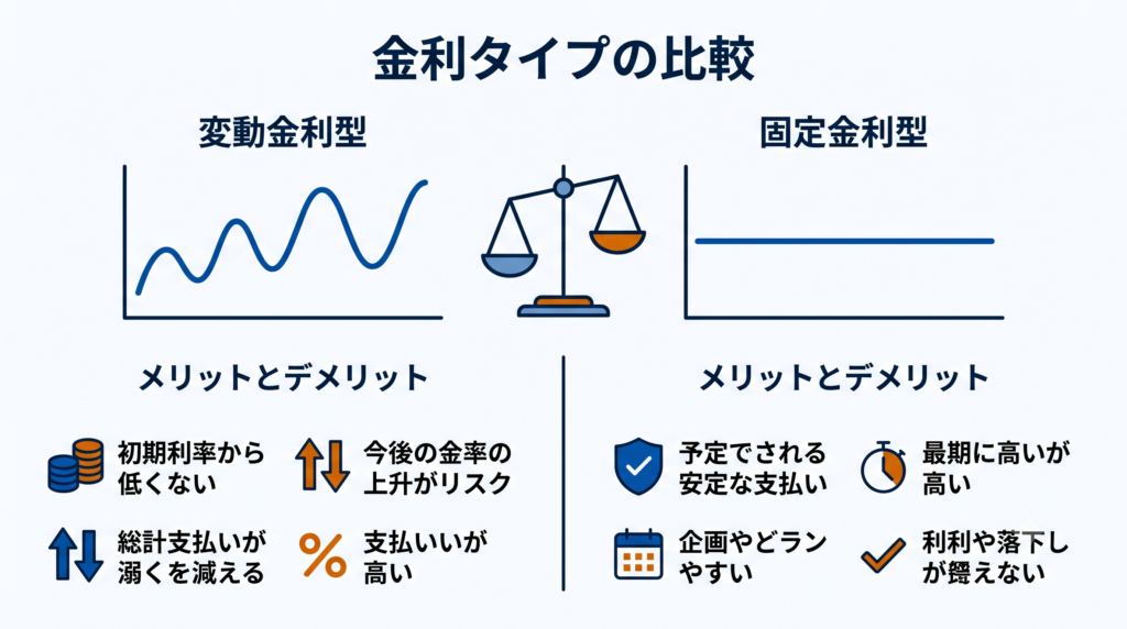 金利タイプの比較。変動金利型と固定金利型の金利推移の仕組みと、メリット・デメリットを対比する天秤図。
