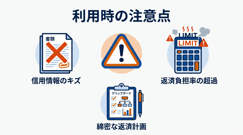 リフォームローン利用時の注意点。信用情報のキズや返済負担率超過のリスクと、綿密な返済計画の重要性を示す警告図解。
