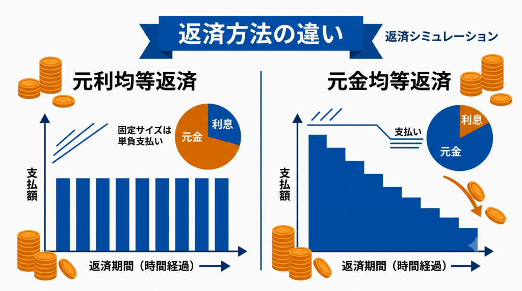 返済方法の違い。元利均等返済と元金均等返済における、支払額と利息・元金の推移を比較した棒グラフ。