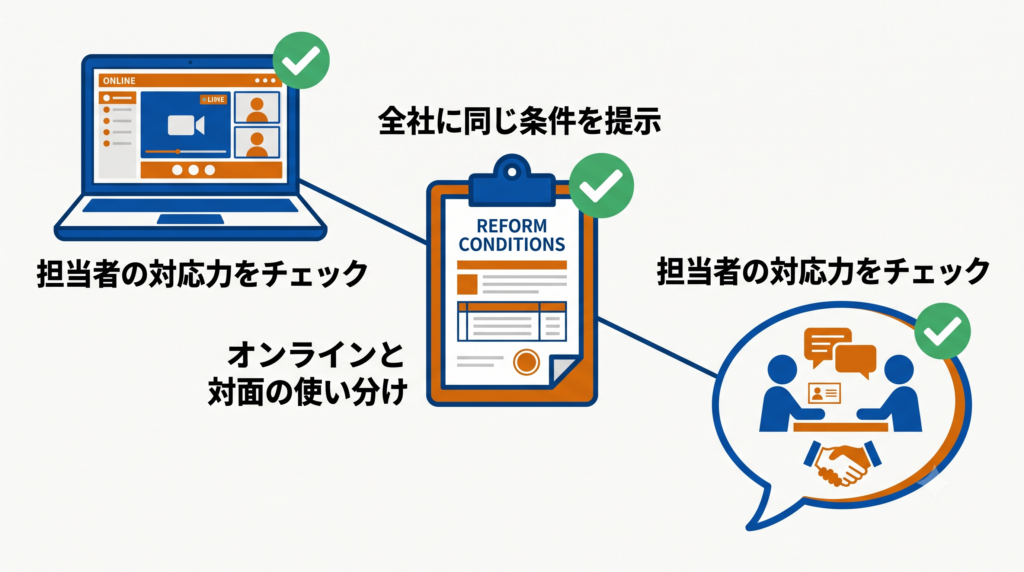 相見積もり依頼のポイントを示す図解。全社同条件の提示、オンラインと対面の使い分け、担当者の対応力チェック