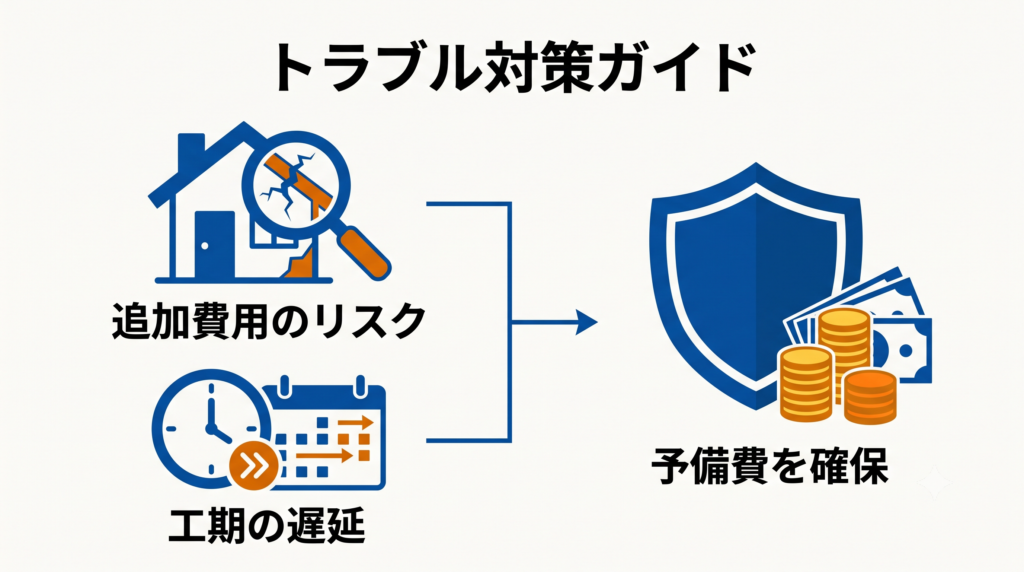 トラブル対策ガイド。追加費用の発生や工期遅延といったリスクに対し、予備費を確保する防衛策を示す図解。