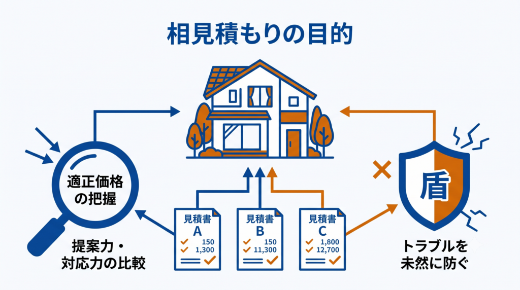 リフォームの相見積もりの目的を示す図解。適正価格の把握、提案力・対応力の比較、トラブルの未然防止の3要素を説明