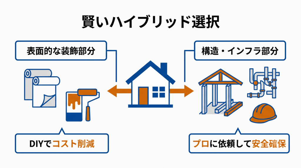表面的な装飾部分はDIYでコスト削減し、構造・インフラ部分はプロに依頼して安全を確保するという、賢いハイブリッド選択を示す対比図