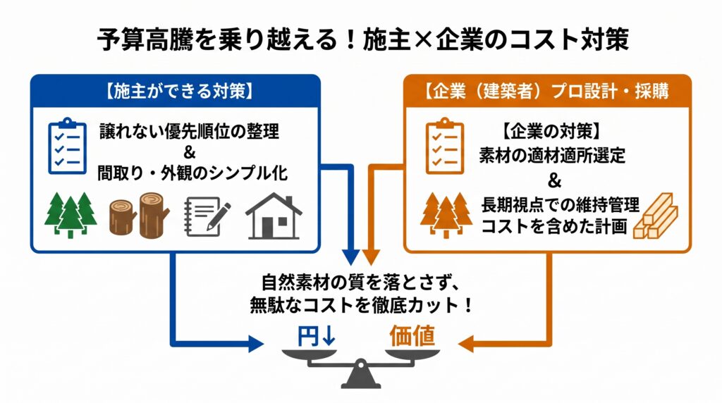 予算高騰を乗り越えるための施主と企業のコスト対策比較図。施主の優先順位整理と、企業の適材適所な素材選定が組み合わさることで、質を落とさずにコストを削減する天秤の図解です。