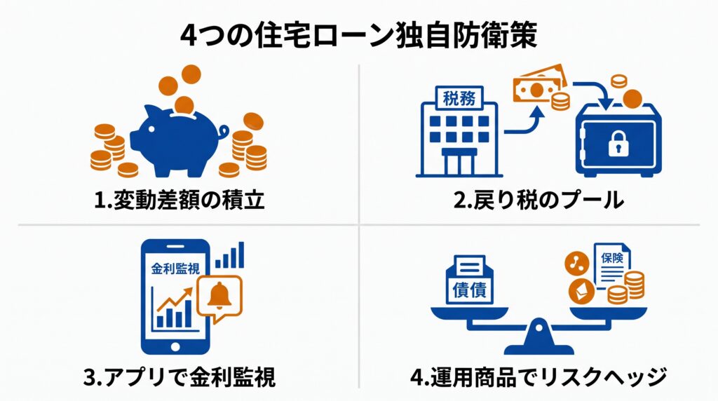 4つの住宅ローン独自防衛策。1.変動差額の積立、2.戻り税のプール、3.アプリでの金利監視、4.運用商品でのリスクヘッジをマトリクス状に配置。