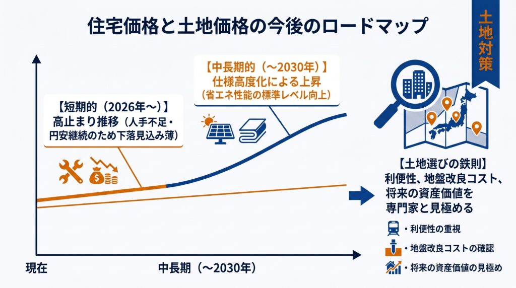 住宅価格と土地価格の今後の見通し。短期的な価格の高止まりと中長期的な省エネ仕様高度化による価格上昇トレンド、および土地選びの鉄則を示すインフォグラフィックです。