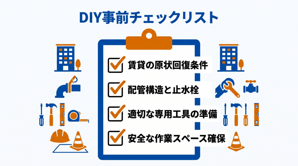 DIY洗面台リフォーム前に確認すべき、賃貸条件、配管構造、専用工具、作業スペースに関する事前チェックリストの図解。