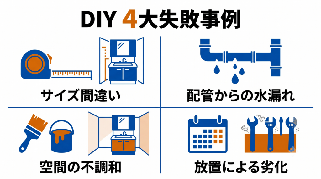DIY洗面台リフォームにおける4つの大きな失敗事例（サイズ間違い、配管の水漏れ、空間の不調和、放置による劣化）をアイコンで示した図解。