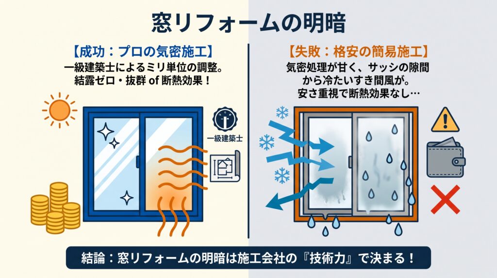 樹脂サッシ施工の「成功(左)」と「失敗(右)」を対比する2カラム比較図。左側(青):結露ゼロで温かい室内の窓、お財布から40%還元されるコイン、一級建築士ロゴ。右側(グレー・オレンジ):隙間風だらけで結露した窓、バツ印の安い財布。下部に「結論:窓リフォームの成否は施工会社の『技術力』で決まる!」のテキスト。