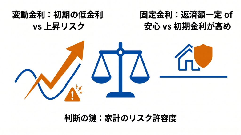 住宅ローンの変動金利と固定金利の比較図。変動金利の上昇リスクと固定金利の安心感を対比し、判断の鍵となる家計のリスク許容度を天秤で表現。