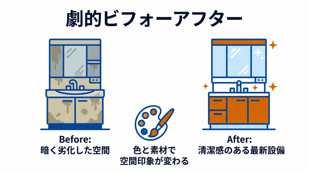 DIY洗面台リフォームによる、暗く劣化した空間から清潔感のある最新設備への劇的な変化（ビフォーアフター）を示した図解。