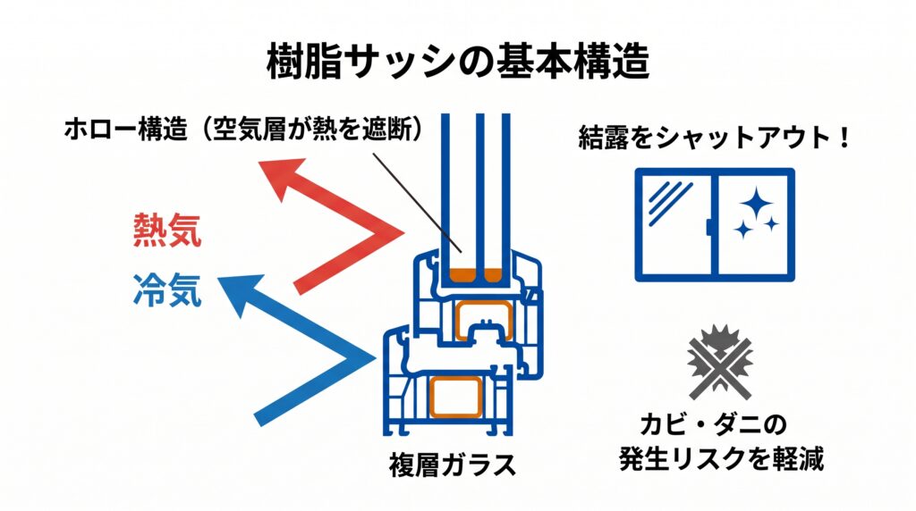 樹脂サッシの基本構造を説明する断面図。内部が複数の空洞に分かれた「ホロー構造」のフレームと複層ガラスを組み合わせ、屋外からの熱気と冷気を完全に遮断(跳ね返す)し、結露を防ぐ仕組み。室内には「結露をシャットアウト!」、「カビ・ダニの発生リスクを軽減」のテキストとアイコンがある。