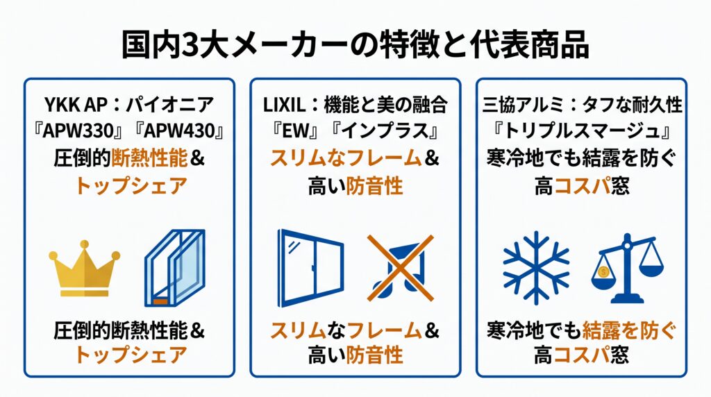 国内3大メーカーの樹脂サッシ代表商品と強みを比較する3社特徴マトリックス。左ブロック:YKK AP「王冠(シェアNo.1・パイオニア)」、「APW330」「APW430」圧倒的断熱性能。中央ブロック:LIXIL「スリムな窓フレーム(デザイン重視)」、「EW」「インプラス」高い防音性。右ブロック:三協アルミ「雪の結晶(寒冷地対応)」、「トリプルスマージュ」タフな耐久性&結露防止の高コスパ窓。