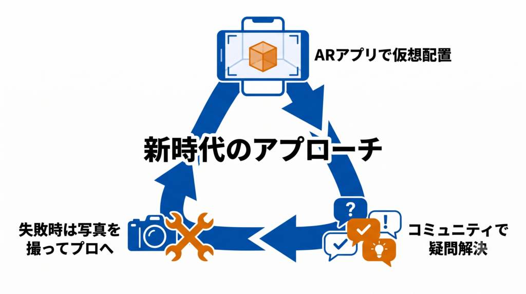 ARアプリによる仮想配置、コミュニティでの質問、失敗時のプロへの相談を活用した、DIYリフォームの新しいアプローチを示したトライアングル構造図。