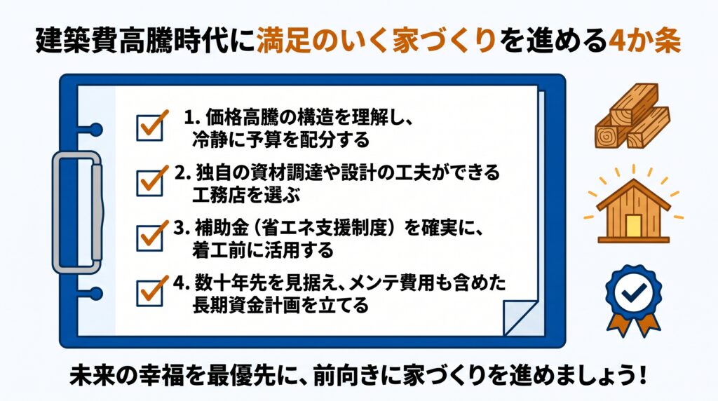 建築費高騰時代に満足のいく家づくりを進める4か条。価格構造の理解、工務店選び、補助金活用、長期資金計画の4つの行動チェックリストと、木の家のイラストです。