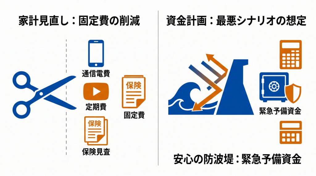 金利上昇を乗り切る家計見直しと資金計画の図解。固定費（通信費、定期費、保険）の削減と、最悪シナリオを想定した緊急予備資金の防波堤を表現。