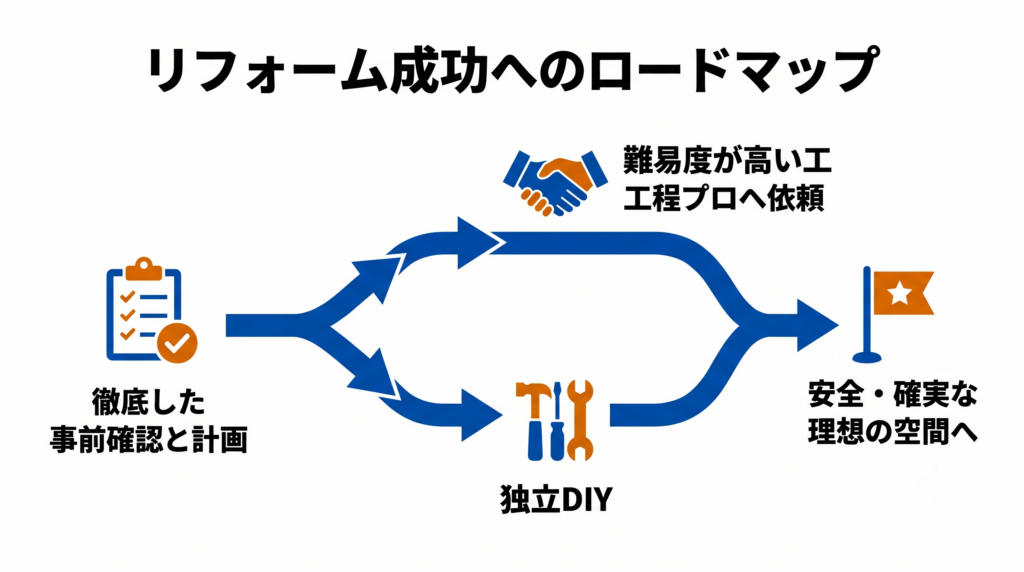 DIY完遂までの最終確認フローと、必要に応じてプロと協力する「ハイブリッドな進め方」を示したロードマップ図。