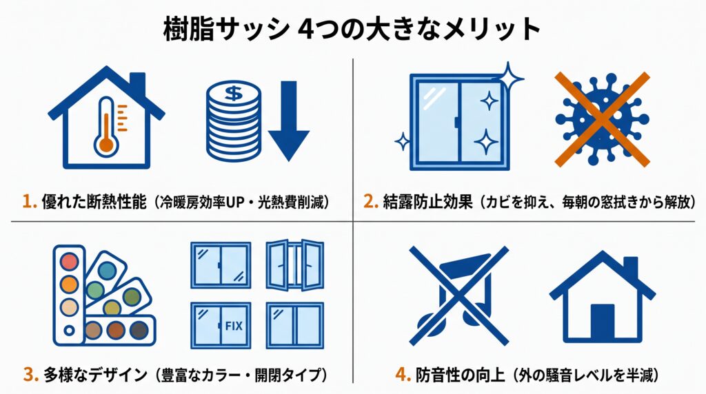 樹脂サッシの4つのメリットを説明する4象限図。左上「1. 優れた断熱性能(冷暖房効率UP・光熱費削減)」の家と温度計アイコン。右上「2. 結露防止効果(カビを抑え、毎朝の窓拭きから解放)」の乾いた窓とカビ防止アイコン。左下「3. 多様なデザイン(豊富なカラー・開閉タイプ)」のカラーパレットと窓アイコン。右下「4. 防音性の向上(外の騒音レベルを半減)」の消音スピーカーと家アイコン。