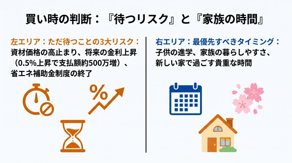 家の買い時の判断基準を示す図。買い控えによる3大リスク（価格高止まり、金利上昇、補助金終了）と、最優先すべき家族のライフステージのタイミングを対比しています。