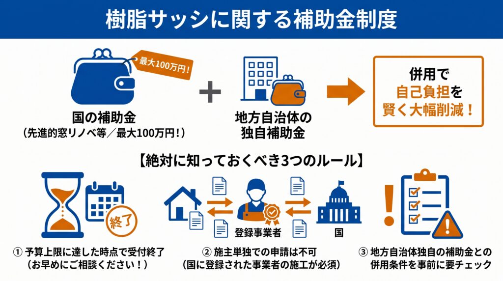 樹脂サッシに関する補助金制度の併用スキームと注意点を説明する併用ルートマップ図。上部に国の補助金(先進的窓リノベ等/最大100万円!)お財布と地方自治体の独自補助金お財布が「+」で結ばれ、「自己負担大幅カット」へ繋がる図。下部に「【絶対に知っておくべき3つのルール】」として、砂時計、書類申請フロー(代理申請)、チェックリストが配置されている。