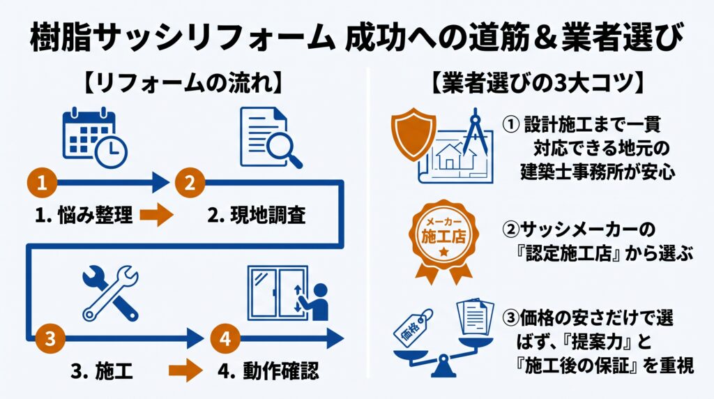 樹脂サッシリフォームの成功への道筋と業者選びを説明するフロー&ポイント複合図。左側「【リフォームの流れ】1. 悩み整理 ➔ 2. 現地調査 ➔ 3. 1日で施工 ➔ 4. 動作確認」のタイムライン。右側「【業者選びの3大コツ】① 設計施工まで一貫対応できる地元の建築士事務所が安心」「② サッシメーカーの『認定施工店』から選ぶ」「③ 価格の安さだけで選ばず、『提案力』と『施工後の保証』を重視」。