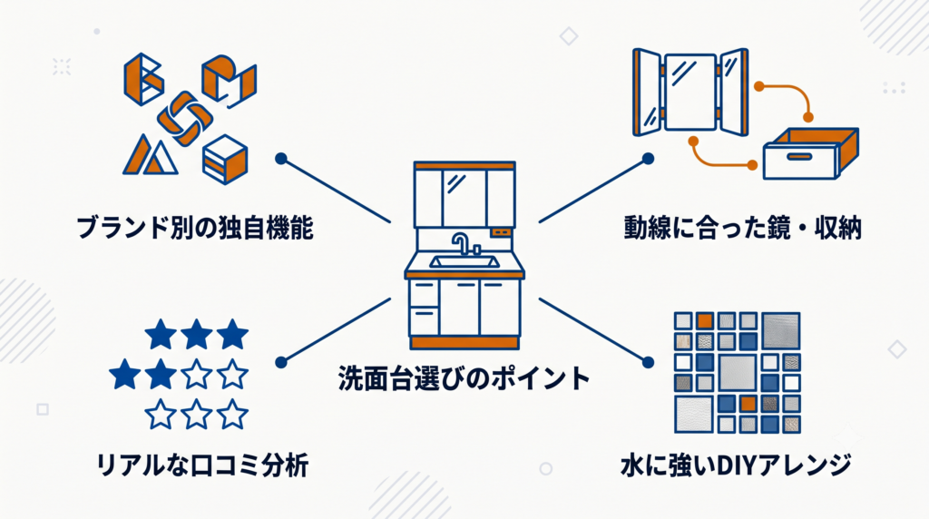 洗面台選びのポイントとして、ブランド機能、鏡・収納、DIYアレンジ、口コミ分析を示したマインドマップ図。