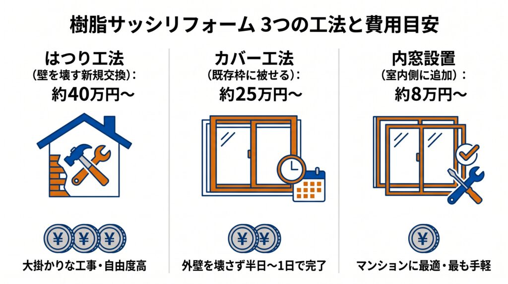 樹脂サッシリフォームの3つの工法と費用目安を説明する3カラム図。左「はつり工法(壁を壊す新規交換):約40万円〜/大掛かりな工事・自由度高」のハンマーとコイン3枚。中央「カバー工法(既存枠に被せる):約25万円〜/外壁を壊さず半日〜1日で完了」の窓枠を被せる図とコイン2枚。右「内窓設置(室内側に追加):約8万円〜/マンションにも最適・最も手軽」の二重窓図とコイン1枚。