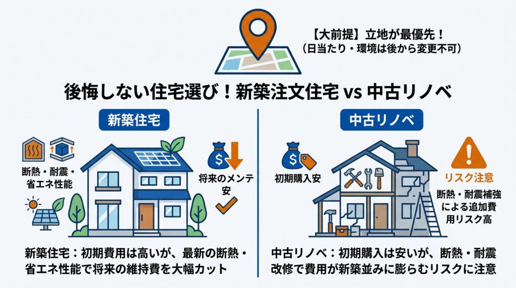 新築注文住宅と中古リノベーションの比較図。立地を最優先事項とし、新築の将来的な維持費の安さと、中古リノベの断熱・耐震改修による初期費用増加リスクを対比しています。