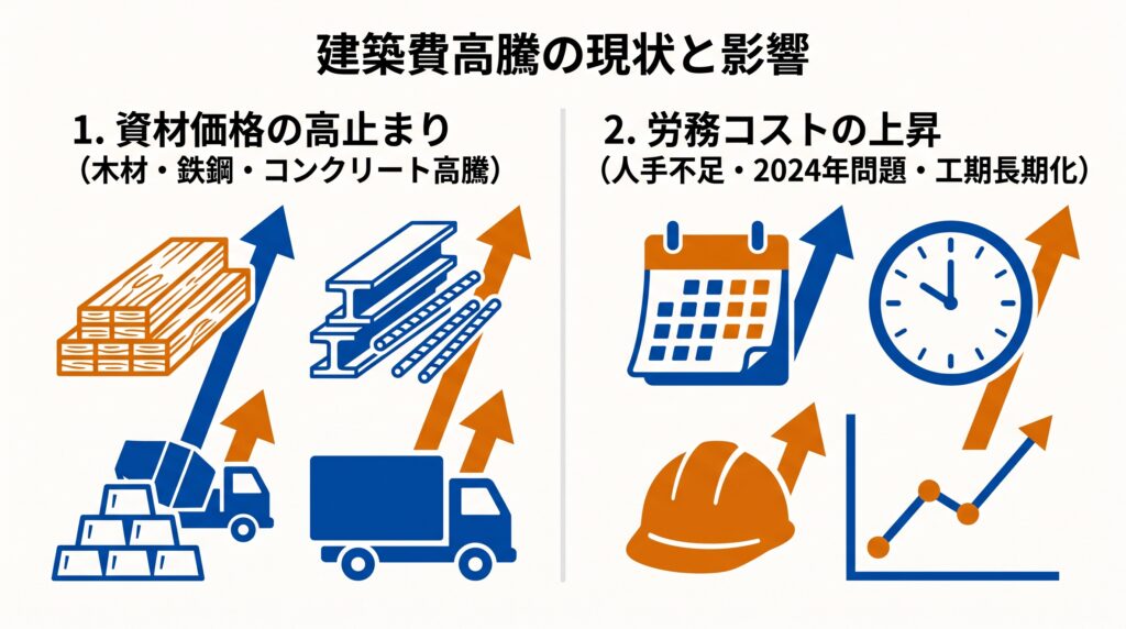 建築費高騰の現状と影響を示す図解。資材価格の高止まりと労務コストの上昇という2つの要因を左右で比較しています。