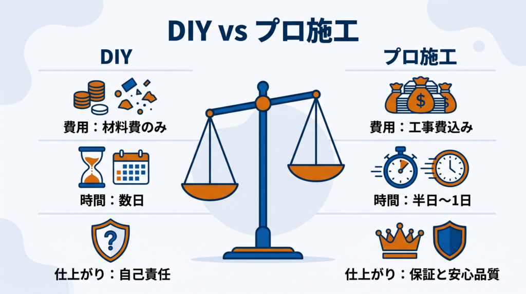 DIY施工とプロ施工の費用、時間、仕上がり（品質、保証）の違いを天秤で比較した対比図。